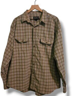 Eddie Bauer button-up shirt men's X-Large tan/grey plaid heavyweight cotton